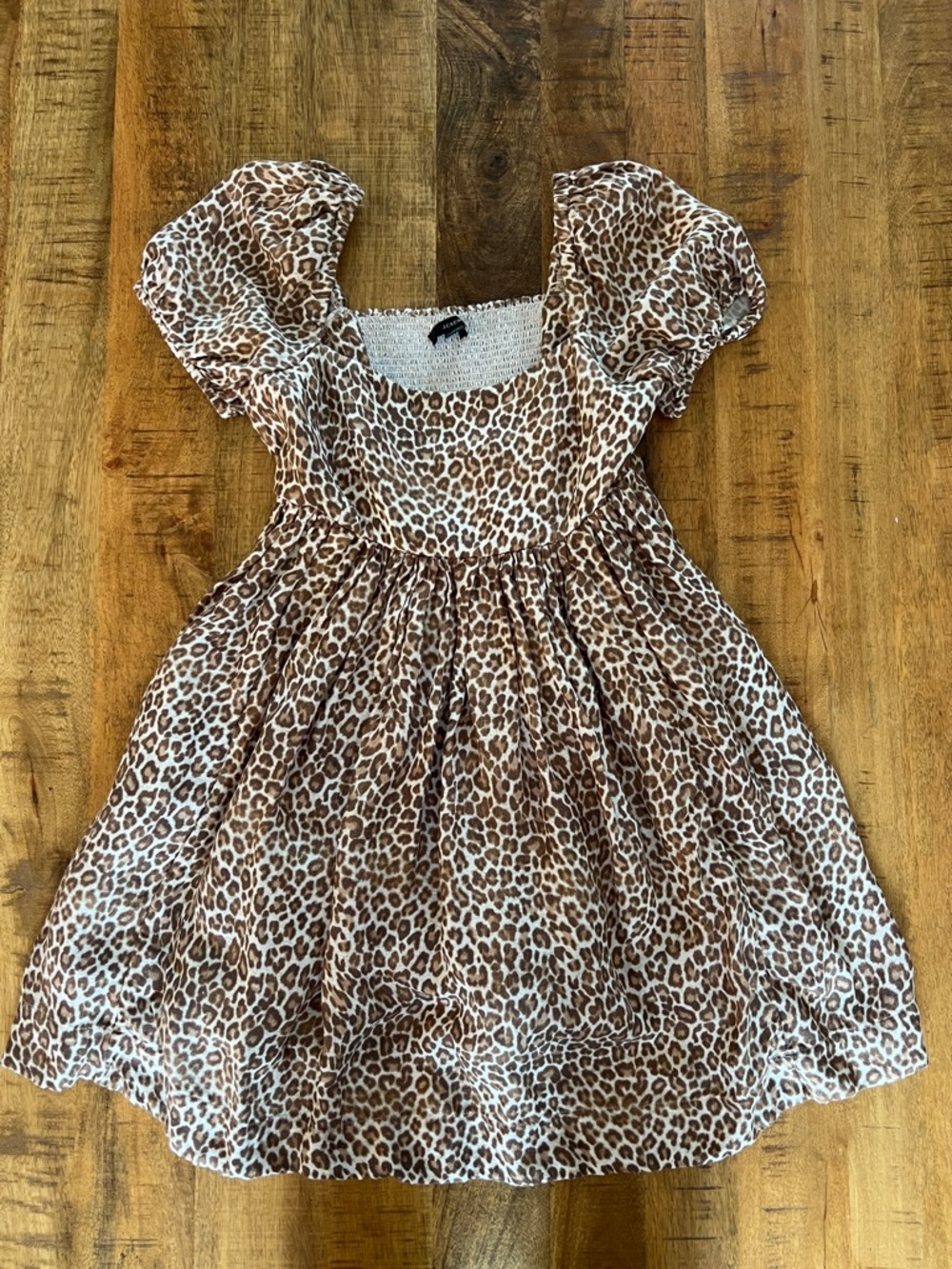 J. Crew Leopard Smocked Puff-Sleeve Casual Dress - Brown & White